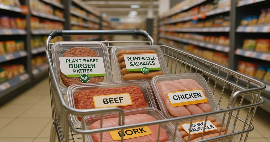Shopping cart with groceries showing price comparison between conventional and alternative protein products in supermarket