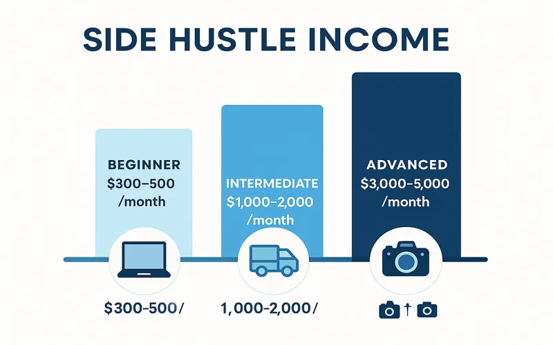 Side hustle income comparison chart showing beginner versus experienced monthly earnings across different opportunities