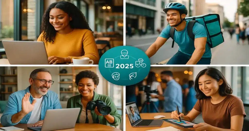 Diverse group of people earning money from multiple side hustles including freelancing, delivery, and creative work in 2025