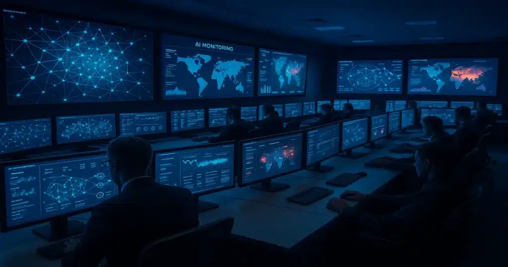 Modern security operations center with AI-powered threat detection systems and cybersecurity analysts monitoring networks