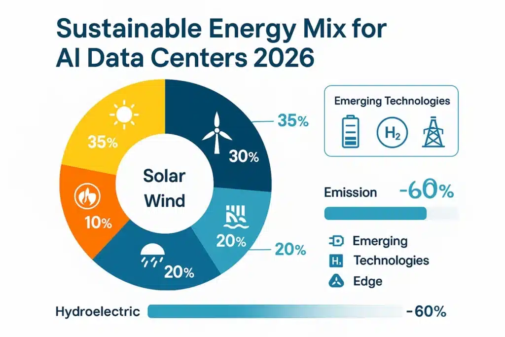 Infographic showing renewable energy mix for powering AI data centers including solar, wind, hydroelectric and emerging technologies