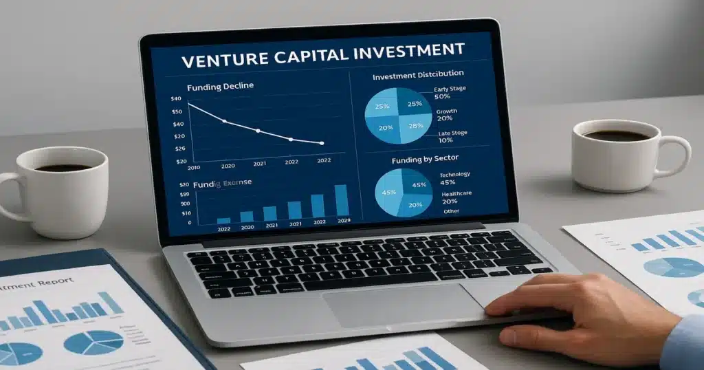 Venture capital investment analysis with financial graphs showing funding trends in alternative protein and food technology sector