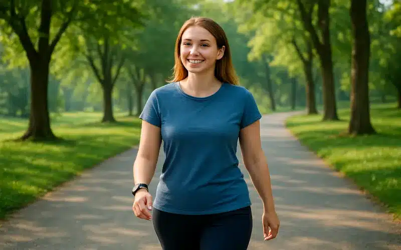 Beginner starting fitness journey with outdoor walking routine wearing activity tracker