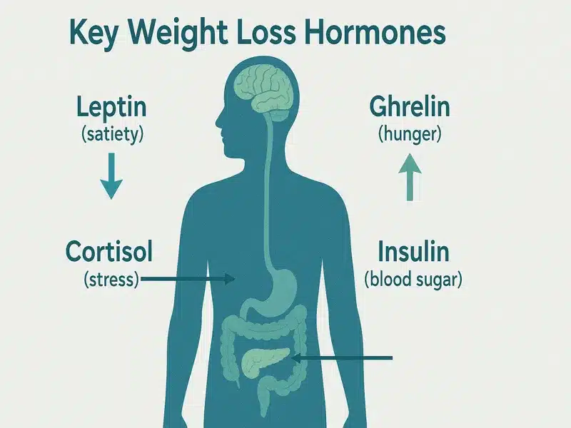 Weight loss hormones diagram showing leptin, ghrelin, cortisol, and insulin regulation during calorie restriction