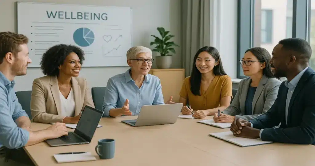 Diverse workplace team in supportive meeting discussing mental health and employee wellbeing initiatives