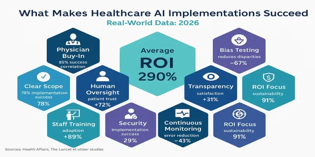  Infographic showing key success factors and ROI from real-world healthcare AI implementations