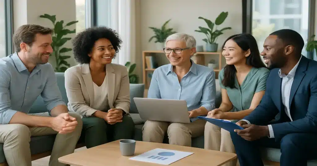 Modern workplace showing employees in collaborative environment with mental health support resources and wellness programs