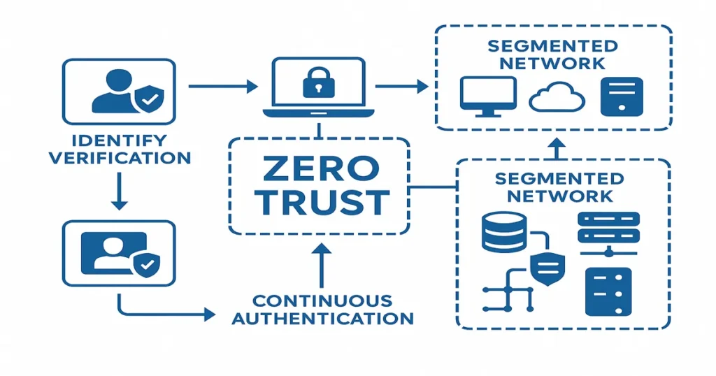 Zero Trust security architecture diagram showing identity verification and continuous authentication systems
